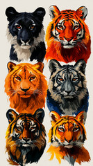 Sticker - Six tigers, each with unique markings, gaze directly at the viewer.