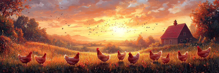 Wall Mural - Hens stroll through a field at sunset, as a flock of birds fly overhead.