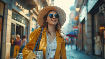 Wall Mural - Fashionable woman strolling confidently down a lively city street with a shopping bag