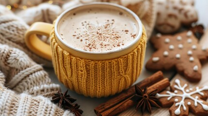 Wall Mural - A mug with a knitted sleeve in yellow