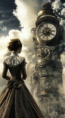 A woman in a long dress stands in front of a clock tower