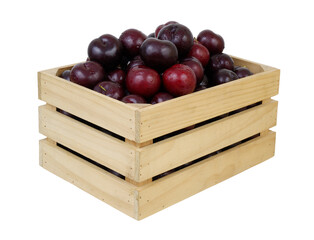 Wall Mural - Ripe plums in wooden box isolated on white background