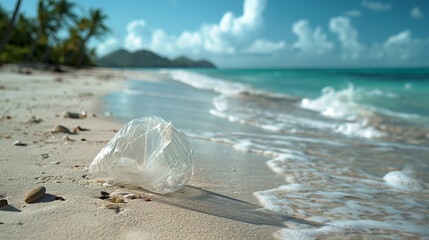 Plastic trash on white sand beach, Deep of field
Climate change and Environmental conservation concept by supporting the use of naturally degradable materials