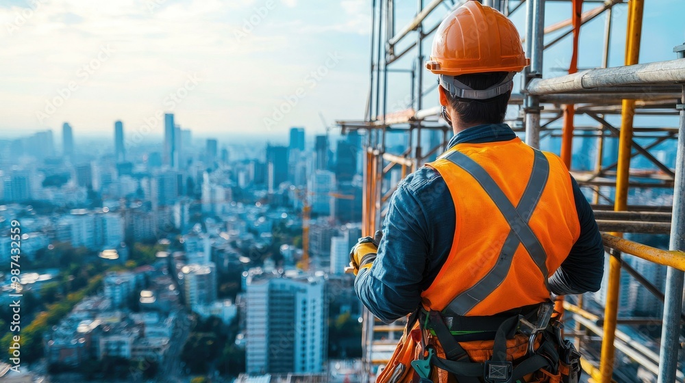 A dedicated construction worker skillfully navigates scaffolding high ...