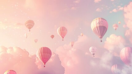  Magical and enchanting background featuring a sky filled with soft pastel colors and floating hot air balloons. Evoking a sense of adventure and travel.