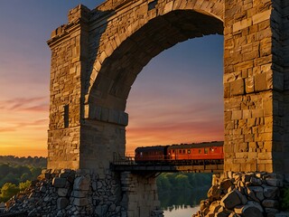 Wall Mural - Train crossing a stone arch bridge at sunset.