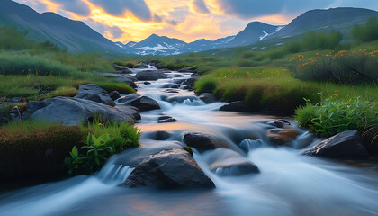 Scenic view of flowing stream against a sky background, integrated with natural landscape.