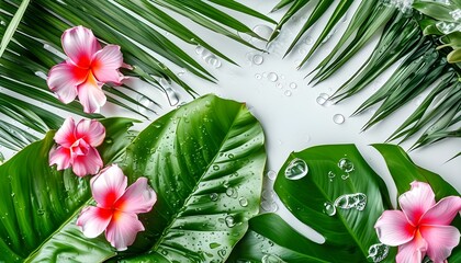 Serene tropical palm leaves on white backdrop with gentle water ripples, perfect for summer spa and wellness themes.