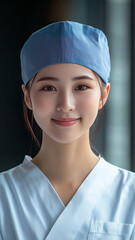 An Asian female nurse, 30 years old, front facing photo, wearing a white nurse uniform, a blue nurse hat