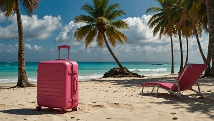 Wall Mural - Tropical beach scene with a bright pink suitcase for adventure seekers.