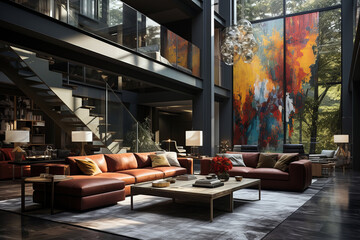 Wall Mural - Spacious modern living room with high ceilings, vibrant abstract artwork, rich leather sofas, and glass-panel stairs.