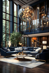 Wall Mural - Luxurious living room featuring deep blue sofas, a statement chandelier, large floor-to-ceiling windows, and a spiral staircase.