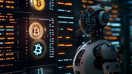 Poster - Robot equipped with intelligence and machine learning algorithms analyzing cryptocurrency blockchain data for identifying investment opportunities in decentralized financial markets