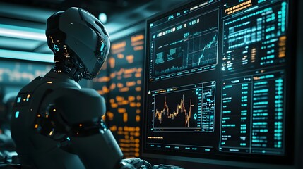 Poster - Robot monitoring trades and market data through a futuristic holographic interface in a darkened trading room with advanced data surveillance and robotic oversight of the financial markets
