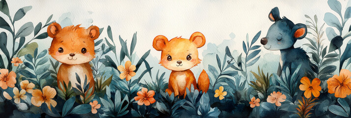 Cute watercolor illustration of three adorable animals in a forest setting.