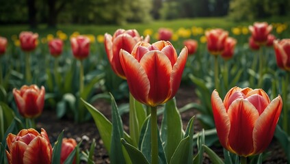 Sticker - Tulips blooming in a serene green landscape.