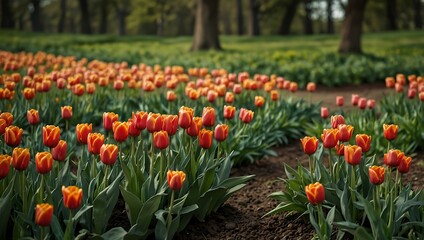 Sticker - Tulips blooming in a serene green landscape.