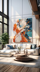 Wall Mural - Modern living room with large abstract painting in orange and teal tones on the wall, featuring a white sectional sofa, and round wooden coffee table.