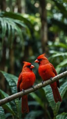 Wall Mural - Two vibrant red birds against a lush tropical background.