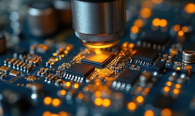 Canvas Print - Close-up of a Circuit Board with Microscope