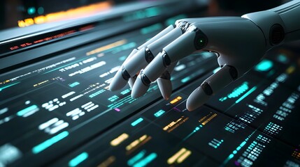 Poster - Robotic hand executing a trade through a digital console in a futuristic financial market showcasing the automation and AI powered trading execution in the modern economy