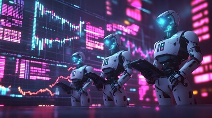 Poster - Robotic surrounded by neon lit graphs of fluctuating prices depicting the fast paced world of high speed trading and the impact of on market volatility  This image showcases the growing of technology
