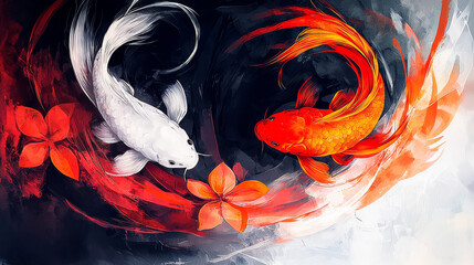 Two koi fish, one white and one red, swim in a swirling water pattern.