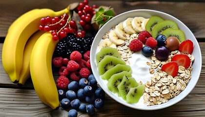 Vibrant yogurt bowl adorned with granola and a medley of fresh fruits like banana, kiwi, and berries for a nutritious breakfast delight