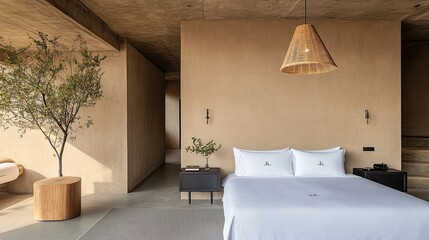 Wall Mural - A serene hotel bedroom showcases minimalist design with white linen sheets, dark wood furniture, stylish pendant lighting, and calming beige walls adorned with greenery