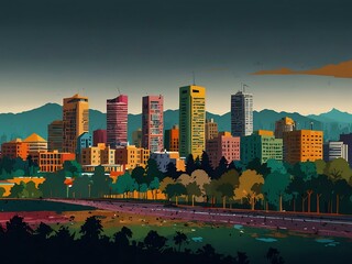 Canvas Print - Vibrant 2D illustration of Addis Ababa’s skyline and architecture.