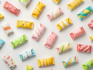 Poster - Scattered Candy Wrappers with Playful Designs on White Surface   Flat Design 3D Rendered of Colorful and Vibrant Snack Packaging Arrangement