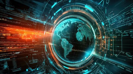 Poster - Holographic globe surrounded by protective layers of firewalls and encrypted data streams, representing global info security.