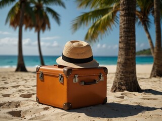 Poster - Vibrant travel scene with a suitcase on a tropical beach.