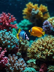 Vibrant underwater scene with tropical fish and coral.