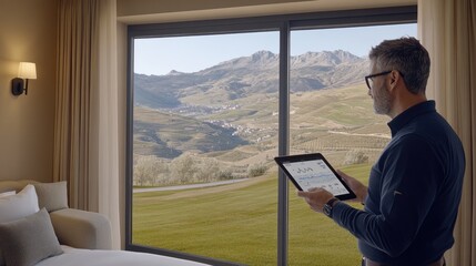 Poster - A businessman is focused on an iPad, examining graphs and tables, while vibrant green mountains are visible through the window in daylight.