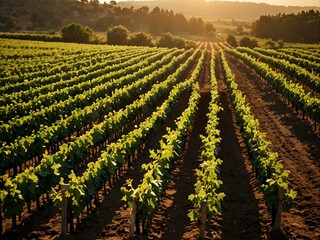 Wall Mural - Vineyard rows stretching to the horizon under golden sunlight.