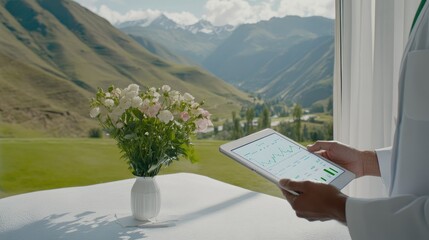 Poster - A businessman is focused on an iPad, examining graphs and tables, while vibrant green mountains are visible through the window in daylight.