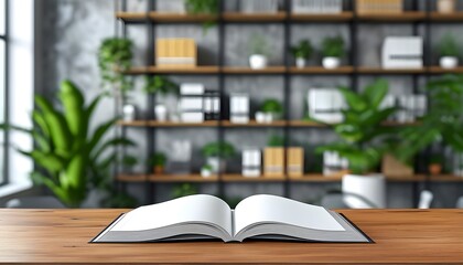 Minimalist white book cover mockup displayed on an office table, surrounded by blurred shelves and indoor plants