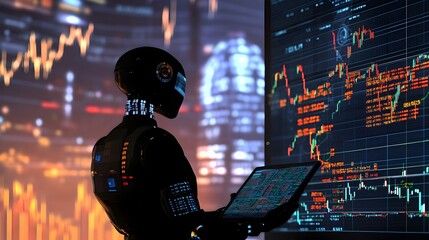 Poster - Silhouetted human figure and robotic trader working together to analyze complex global market charts and financial data