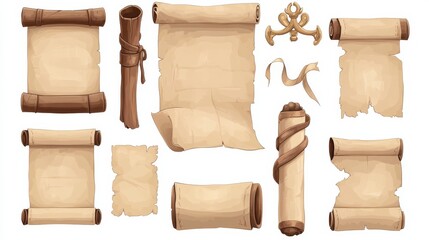 Wall Mural - Set of parchment scrolls with ribbons, anchor and other decorative elements.