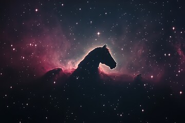 Wall Mural - A silhouette of a horse's head in a cosmic nebula, with a swirling mix of pink and blue hues, surrounded by a field of stars.