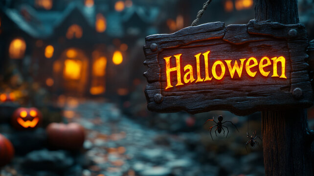 A fiery 'Halloween' sign with witches, ghosts, and a spooky castle.