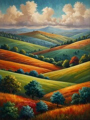 Wall Mural - Whimsical landscape of rolling hills, vibrant trees, and soft clouds.