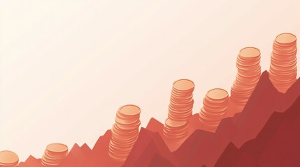 Wall Mural - Stacks of coins rising on a red graphic.