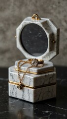 Wall Mural - White jewelry box on a black marble table, showcasing elegance.