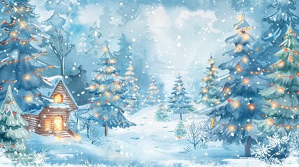 Wall Mural - A cozy cabin nestled in the heart of an enchanted winter forest