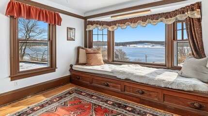 Wall Mural - Cozy window seat with a view of a snowy landscape