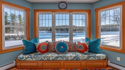 Poster - Cozy window seat with a view of a snowy landscape