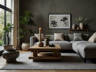 Poster - Zen living room featuring Japandi style against a calming grey wall.