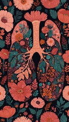 Poster - Stylized pink lung illustration filled with warm flowers.